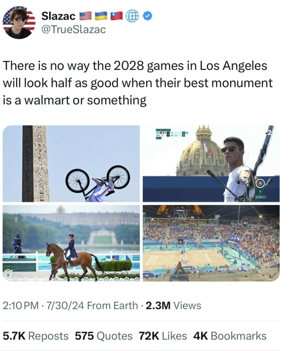 web page - Slazac There is no way the 2028 games in Los Angeles will look half as good when their best monument is a walmart or something 73024 From Earth 2.3M Views Reposts 575 Quotes 72K 4K Bookmarks